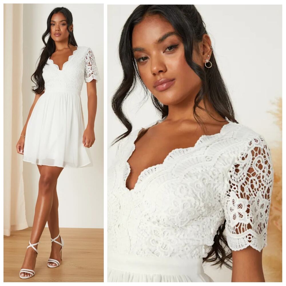 Lulus Angel in Disguise White Lace Skater Dress sz S NWT